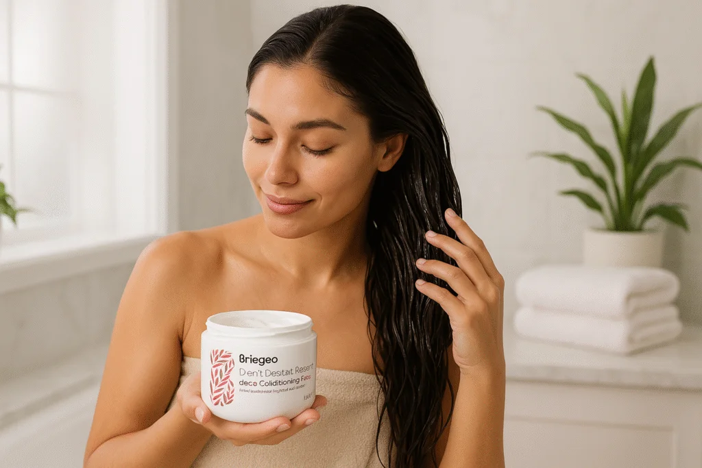20250606_1746_Luxurious Hair Care Ritual_remix_01jx2ymrstf1d9v73x0da3g1d5 women using briogeo hair mask